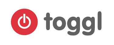 Logo de Toggl Timer avec un bouton power blanc sur fond rouge et le texte gris du nom de l'application