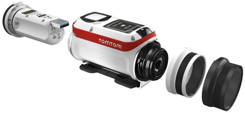 TomTom Bandit, caméra d'action blanc et rouge avec objectifs interchangeables et accessoires détachés