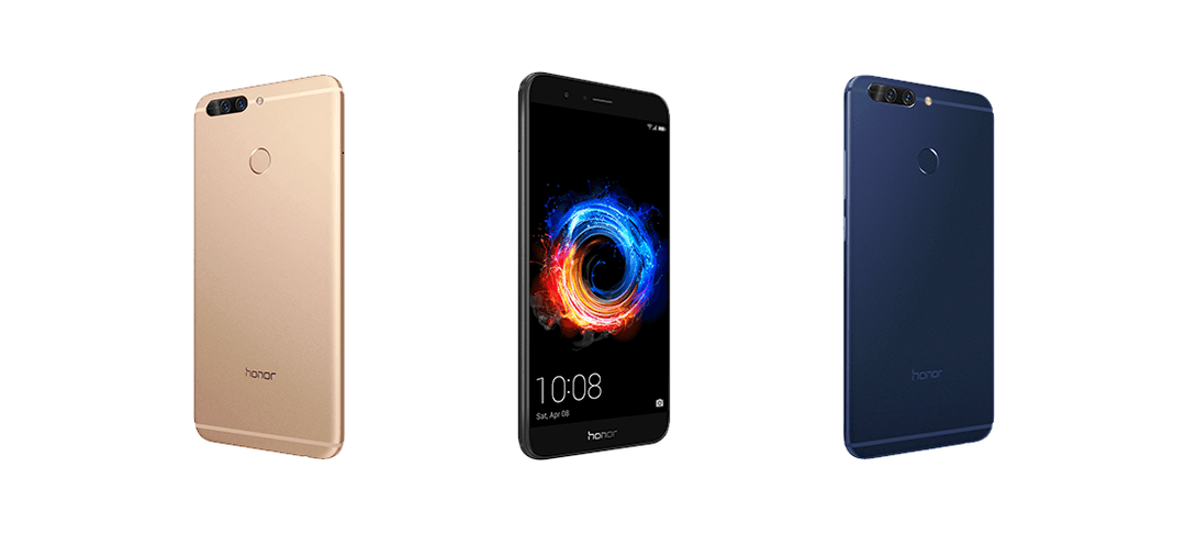 Trois smartphones Honor présentés de face et de profil : modèle doré, noir avec écran allumé, et bleu marine