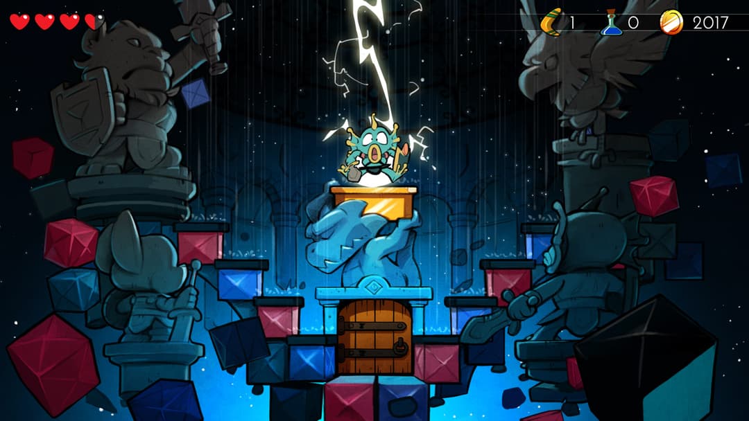 Wonder Boy affrontant un dragon électrique au sommet d'une plateforme, entouré de statues de pierre et de cubes colorés, dans un décor fantastique 2D