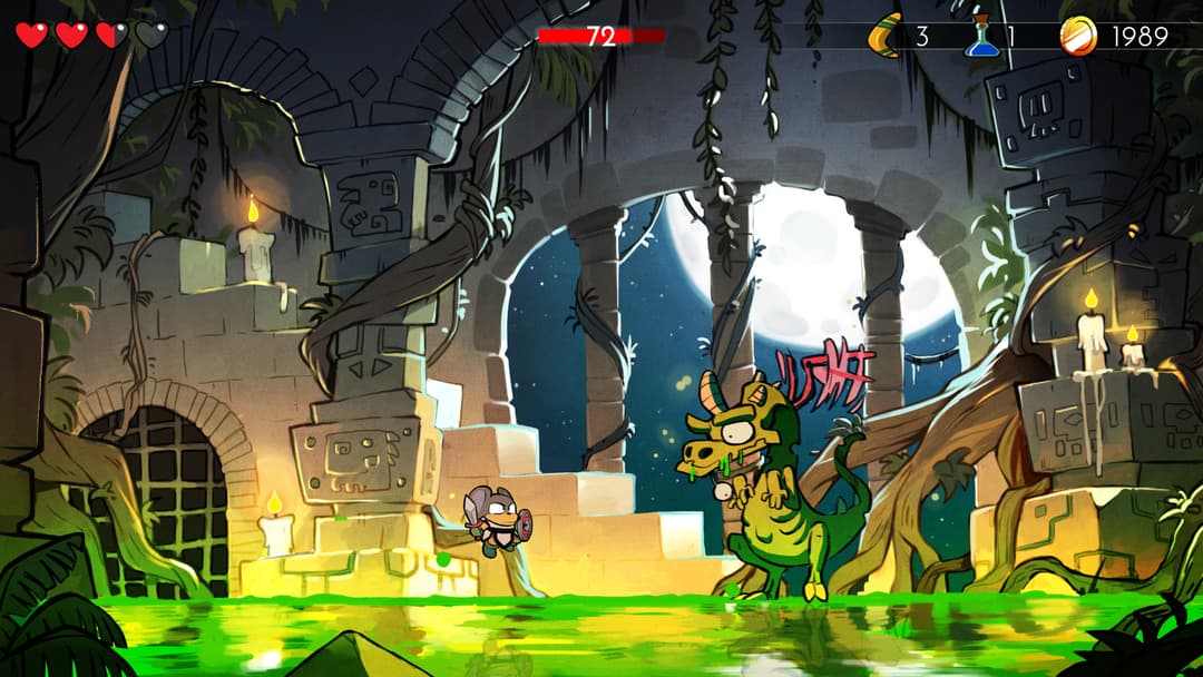 Wonder Boy transformé en dragon dans une caverne souterraine illuminée par une lumière verte phosphorescente, face à des ennemis