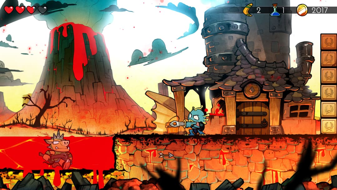 Capture d'écran de Wonder Boy: The Dragon's Trap montrant un personnage bleu face à une maison en feu sur un plateau rocheux, avec un volcan rouge en arrière-plan