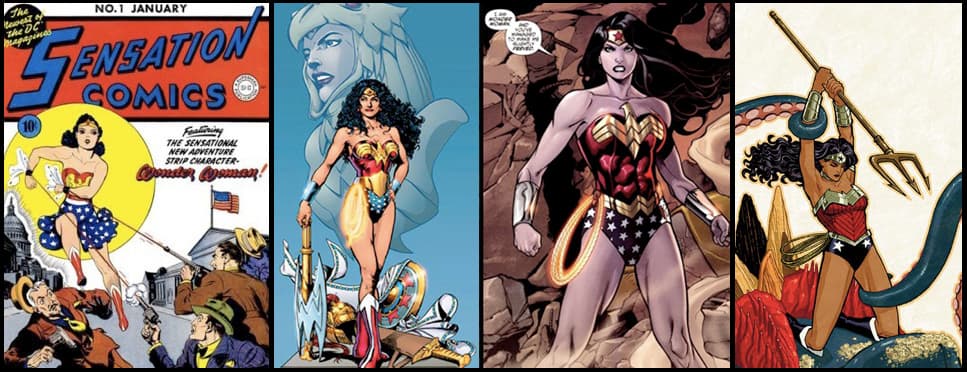 Quatre couvertures de comics Wonder Woman de différentes périodes, montrant l'évolution de la princesse Diana amazone en costume rouge et or